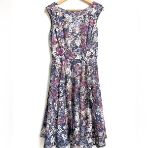 Floral Print Sleeveless Fit & Flare Dress Navy Blue Purple A-Line Midi Cocktail